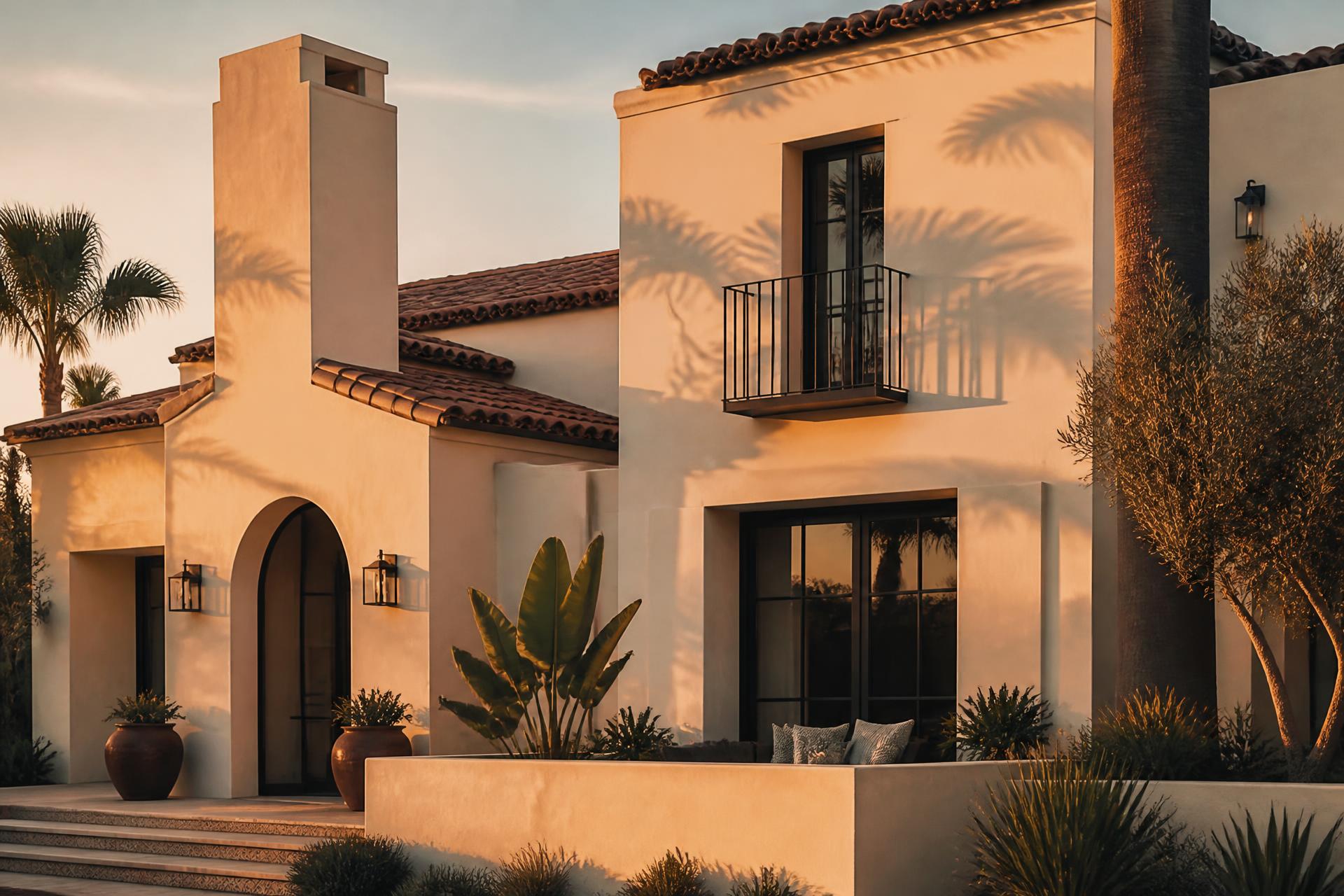 Luxury San Diego Spanish villa with cream stucco exterior at golden hour